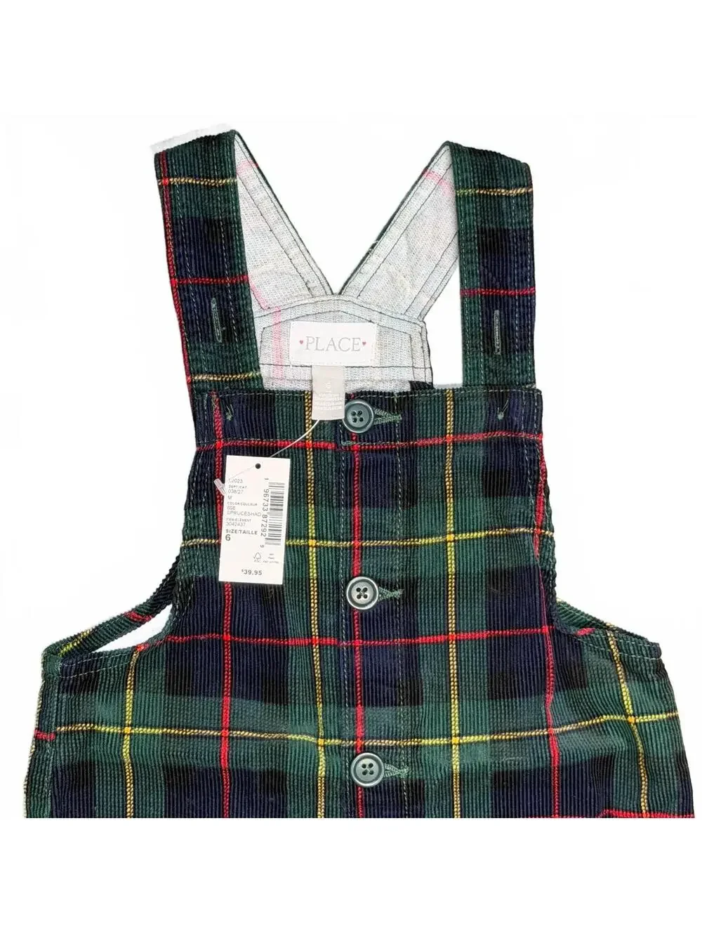 The Children's Place Girls' Green Plaid Corduroy Overall Dress Size 6